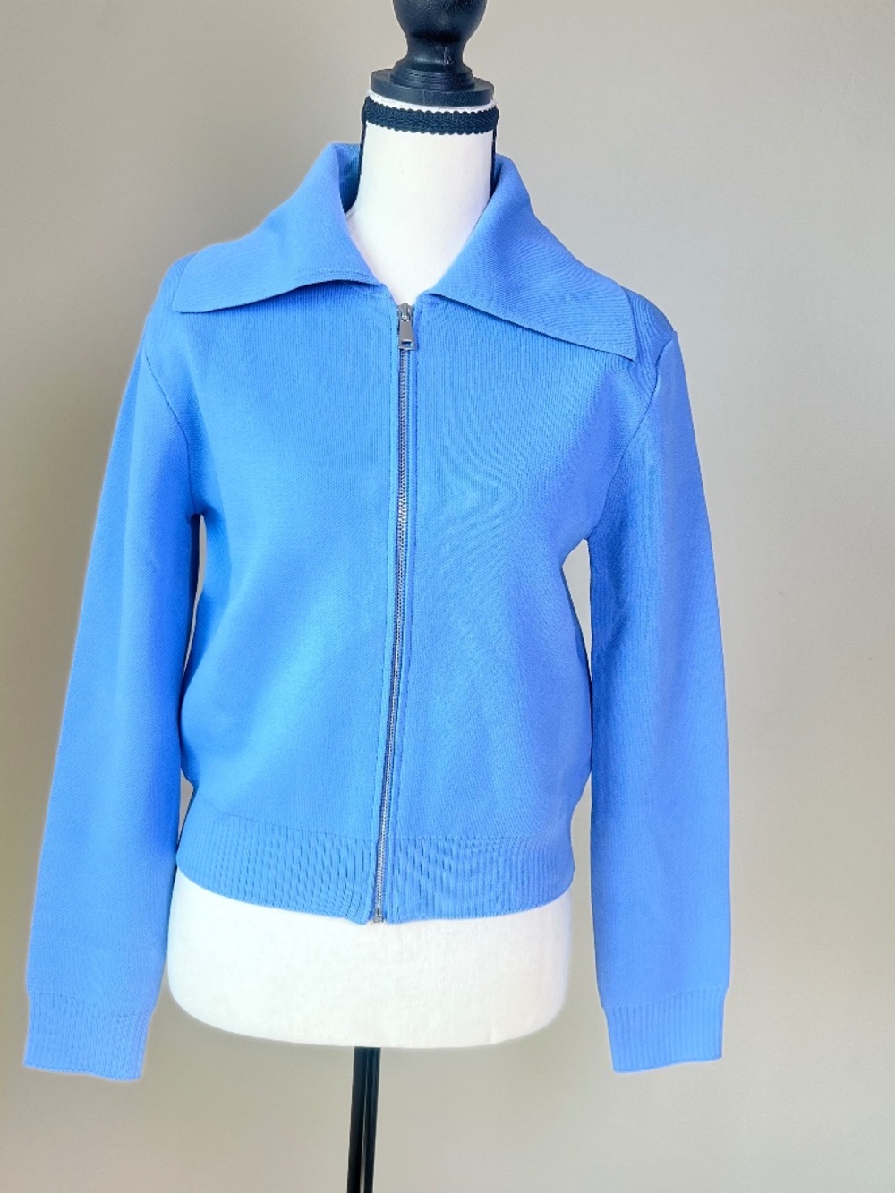 ZARA Zip-Up Cardigan Sky Blue Long Sleeve Ribbed Trims Women's Size Small